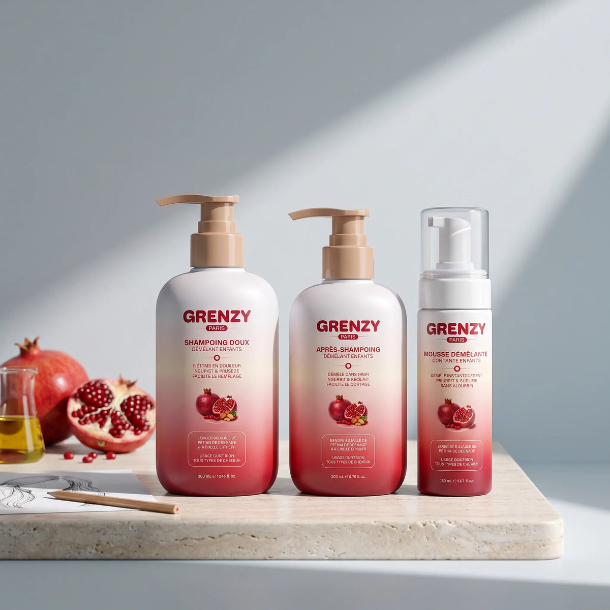 Le trio fondateur GRENZY : shampoing, après-shampoing et mousse démêlante Grenade & Argan