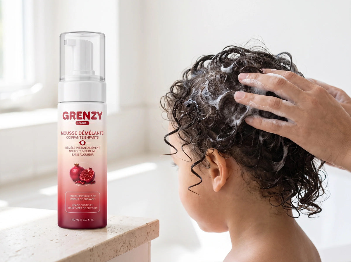 Flacon Mousse Démêlante Grenade & Argan GRENZY, packshot sur fond clair