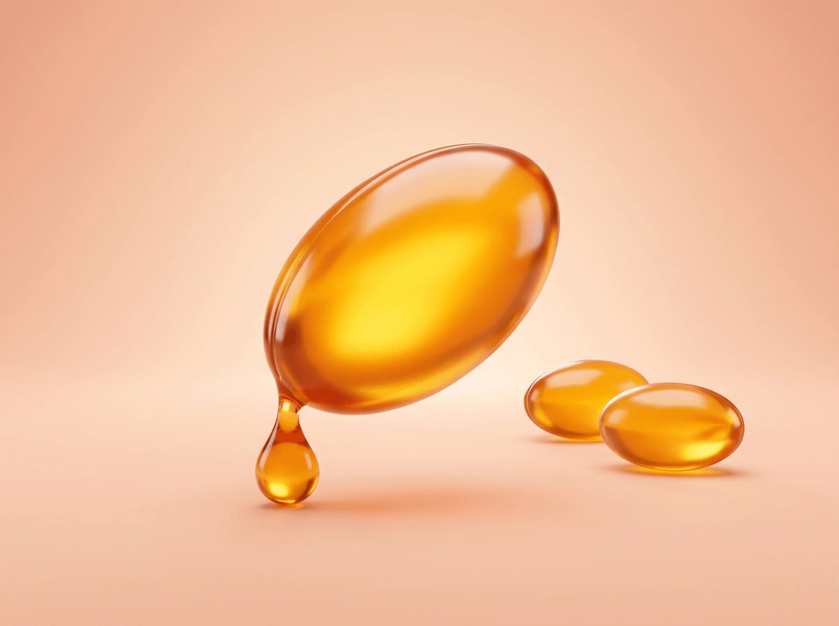 Gouttes dorées de vitamine E sur fond botanique