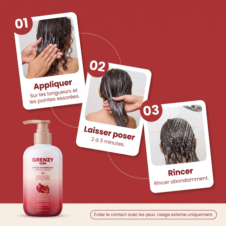Mode d'emploi du après-shampoing démêlant GRENZY, étape par étape
