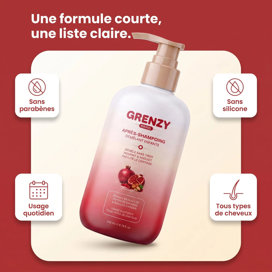 Garanties GRENZY : sans parabènes, sans silicone, formulé pour les enfants
