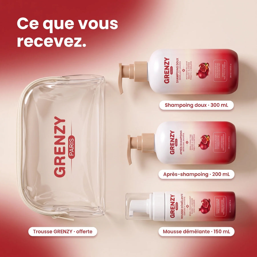 Contenu du coffret GRENZY : shampoing, après-shampoing et mousse démêlante