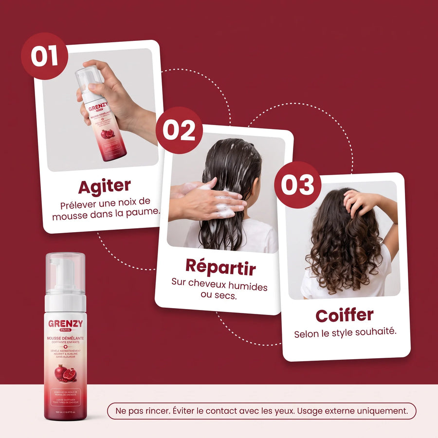 Mode d'emploi du mousse démêlante GRENZY, étape par étape