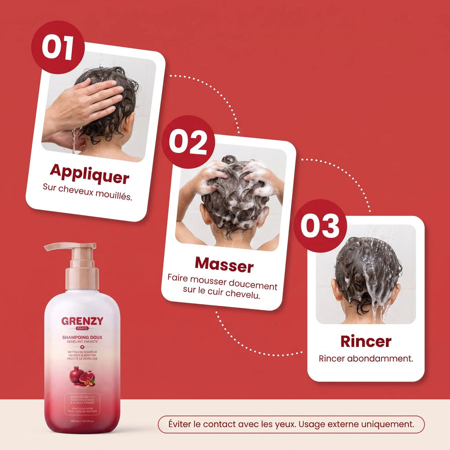 Mode d'emploi du shampoing doux GRENZY, étape par étape