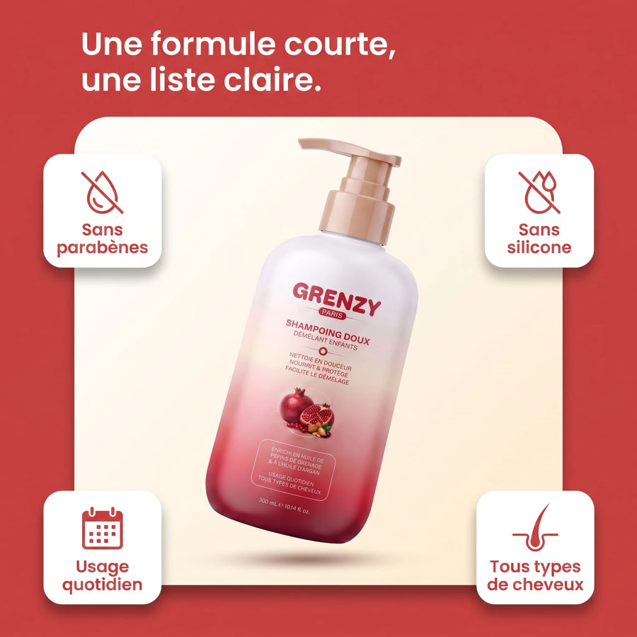 Garanties GRENZY : sans parabènes, sans silicone, formulé pour les enfants